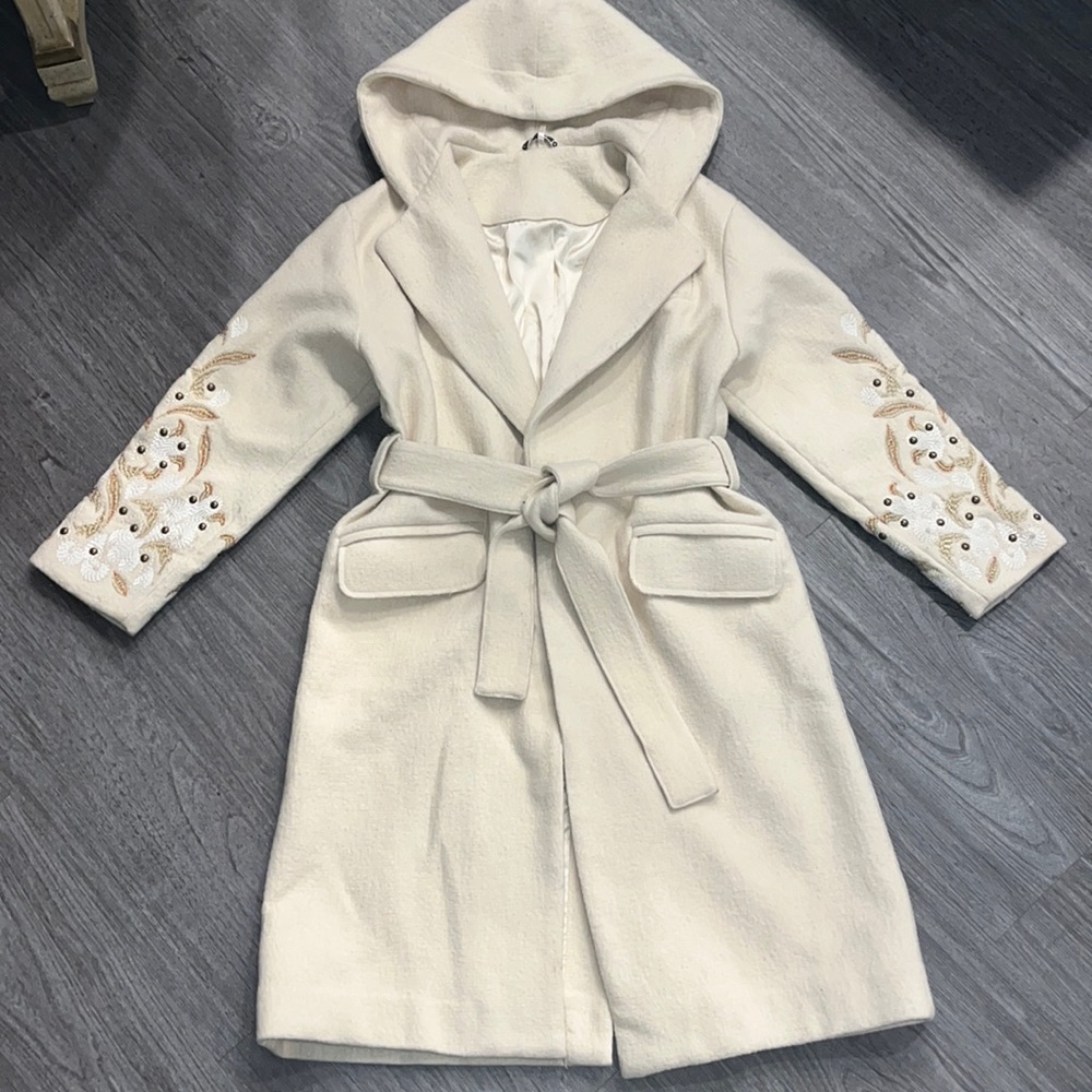 Woman’s Free People Embroidered Belted Wrap Coat Silk Wool